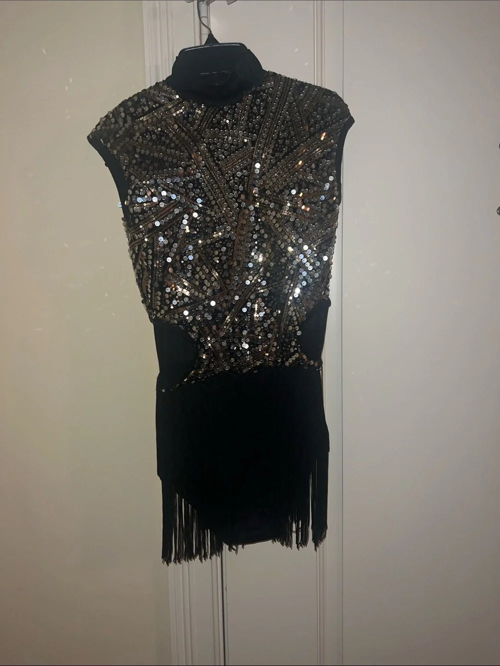 Weissman Black and Gold Sequin Dance Leotard with Fringe Plain and Fancy